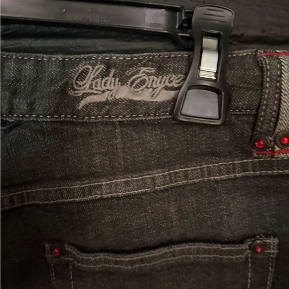 Lady Enyce Y2K Low Rise Flare Jeans Women’s Black Red Satin Trim Deadstock NWT - Picture 5 of 6